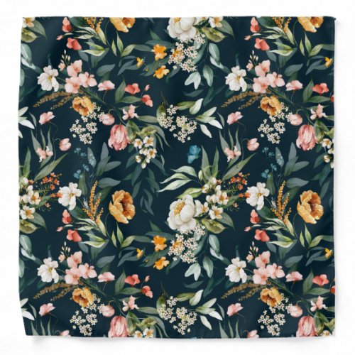 Dark Blue Vintage Style Garden Flower Pattern Bandana