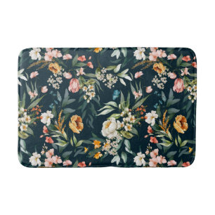 Dark Blue Vintage Style Garden Flower Pattern Bath Mat