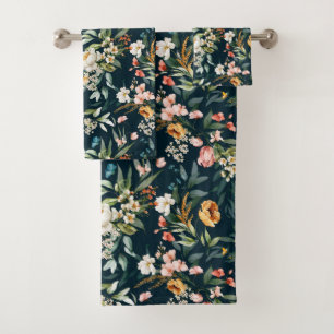 Dark Blue Vintage Style Garden Flower Pattern Bath Towel Set