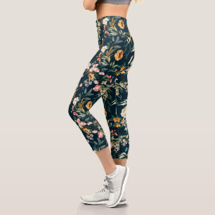 Dark Blue Vintage Style Garden Flower Pattern Capri Leggings