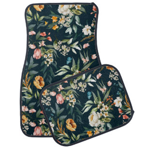 Dark Blue Vintage Style Garden Flower Pattern Car Floor Mat