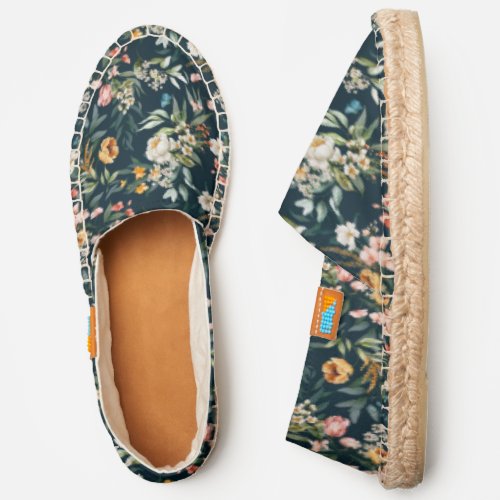 Dark Blue Vintage Style Garden Flower Pattern Espadrilles