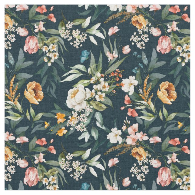 Dark Blue Vintage Style Garden Flower Pattern Fabric (Close Up)
