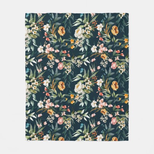 Dark Blue Vintage Style Garden Flower Pattern Fleece Blanket