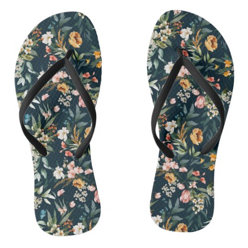 Dark Blue Vintage Style Garden Flower Pattern Flip Flops