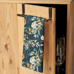 Dark Blue Vintage Style Garden Flower Pattern Kitchen Towel