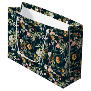 Dark Blue Vintage Style Garden Flower Pattern Large Gift Bag