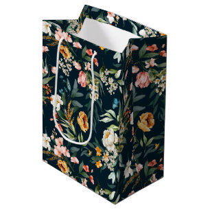 Dark Blue Vintage Style Garden Flower Pattern Medium Gift Bag