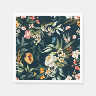 Dark Blue Vintage Style Garden Flower Pattern Napkins