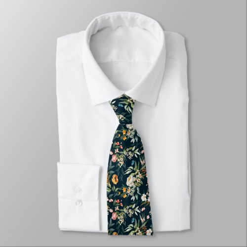 Dark Blue Vintage Style Garden Flower Pattern Neck Tie