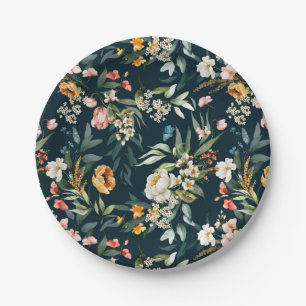 Dark Blue Vintage Style Garden Flower Pattern Paper Plates