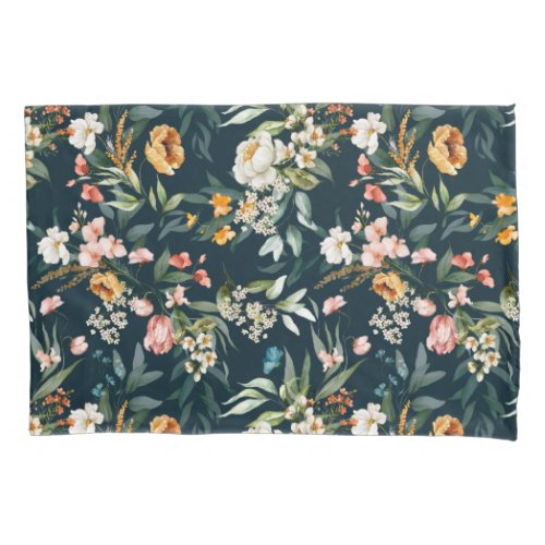 Dark Blue Vintage Style Garden Flower Pattern Pillow Case