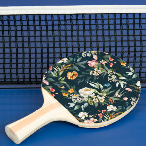 Dark Blue Vintage Style Garden Flower Pattern Ping Pong Paddle
