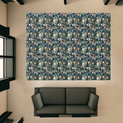 Dark Blue Vintage Style Garden Flower Pattern Rug