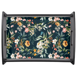 Dark Blue Vintage Style Garden Flower Pattern Serving Tray