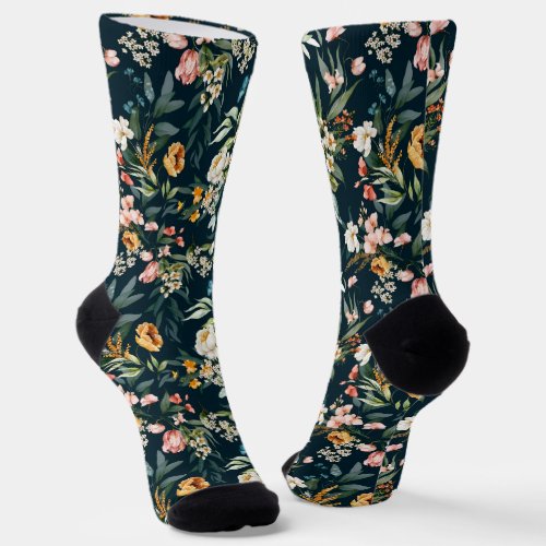 Dark Blue Vintage Style Garden Flower Pattern Socks