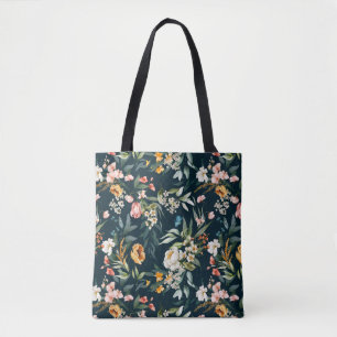Dark Blue Vintage Style Garden Flower Pattern Tote Bag