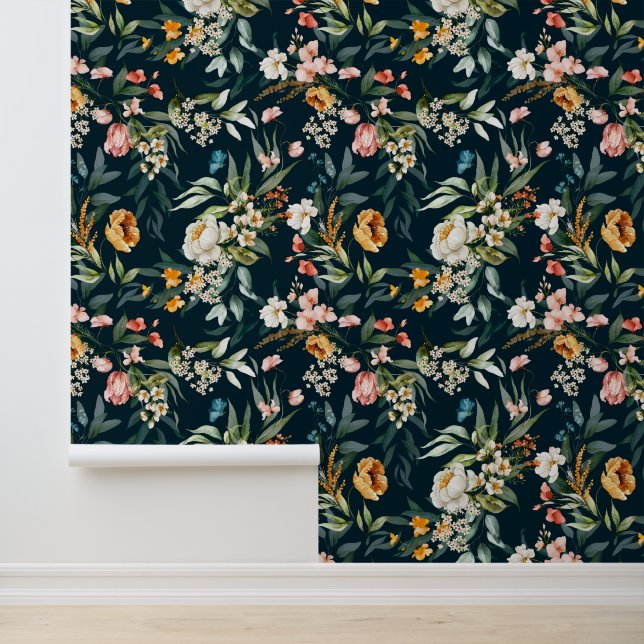 Dark Blue Vintage Style Garden Flower Pattern Wallpaper (Application)