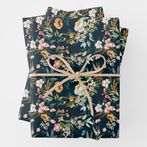 Dark Blue Vintage Style Garden Flower Pattern Wrapping Paper Sheets