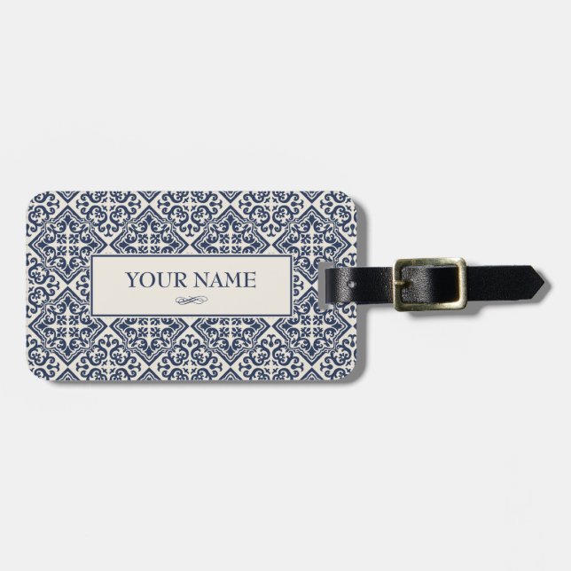 Dark blue vintage tile  luggage tag (Front Horizontal)