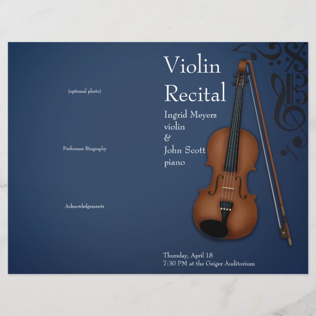 Dark Blue Violin Viola Folded Recital Program (Front)