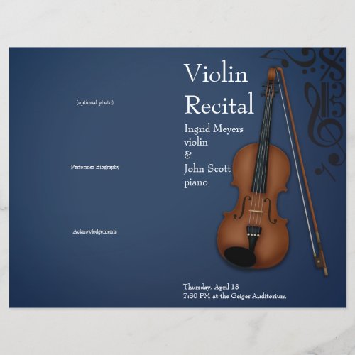 Dark Blue Violin Viola Folded Recital Program