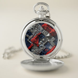 Dark Blue Vivid Red Silver Micro Mosaic 3D Pocket Watch