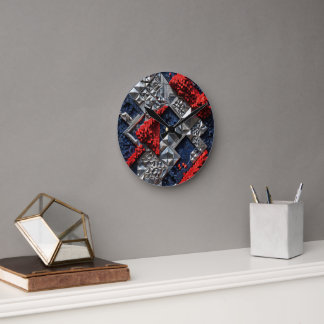 Dark Blue Vivid Red Silver Micro Mosaic 3D Round Clock