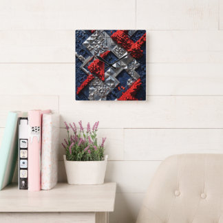 Dark Blue Vivid Red Silver Micro Mosaic 3D Square Wall Clock