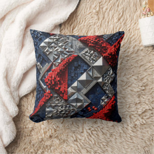Dark Blue Vivid Red Silver Micro Mosaic 3D Throw Pillow