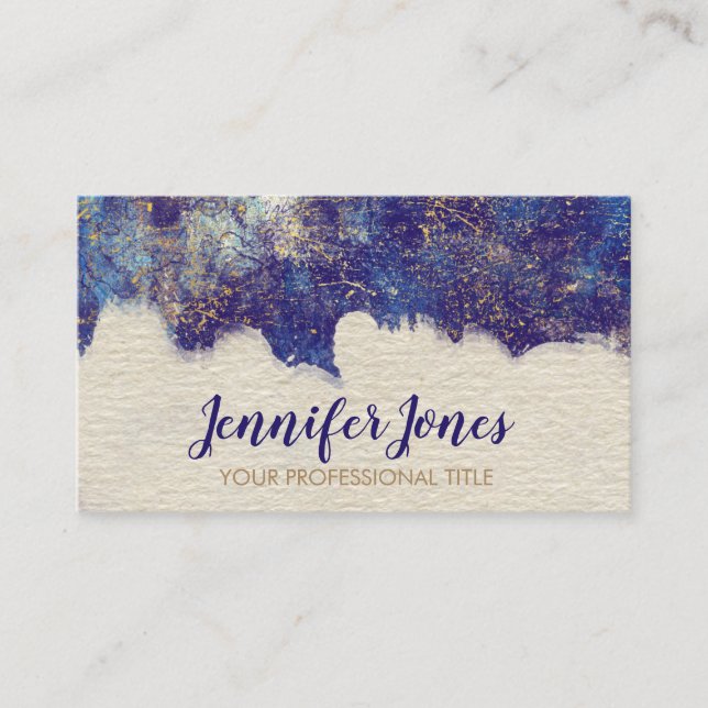 Dark Blue Watercolor and Gold Grunge Business Card (Front)