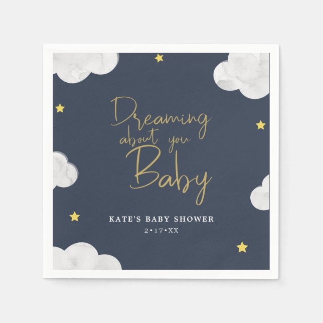 Dark Blue Watercolor Clouds Boy Baby Shower Napkins (Front)