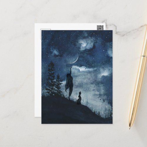 Dark blue watercolor crescent moon goddess hare postcard