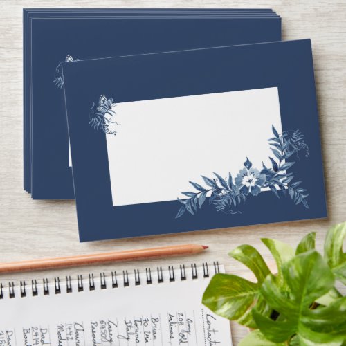 Dark Blue Watercolor Floral Custom Lined Wedding Envelope