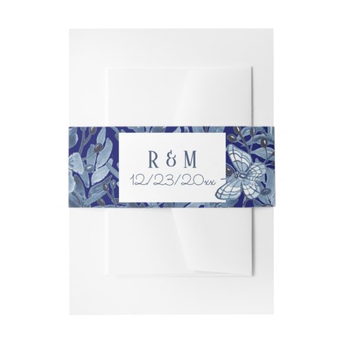 Dark Blue Watercolor Floral Custom Wedding Invitation Belly Band