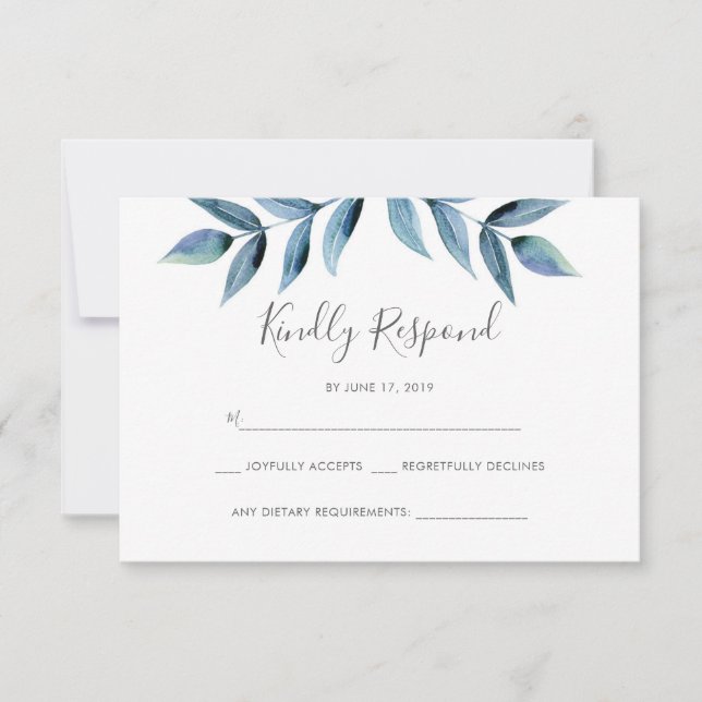 Dark blue watercolor leaves RSVP cards (Front)