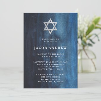 Dark Blue Watercolor Look Bar Mitzvah Invitation | Zazzle