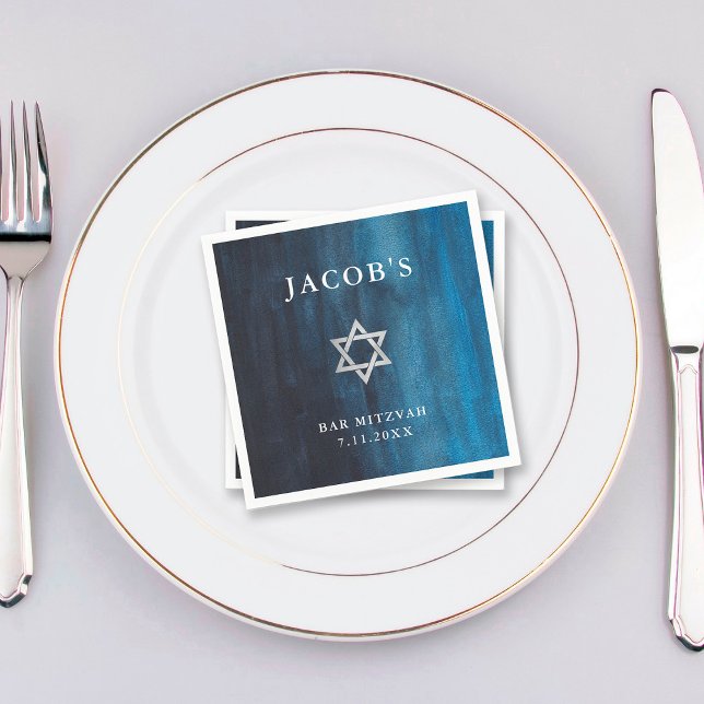 Dark Blue Watercolor Look Bar Mitzvah Napkins (Creator Uploaded)