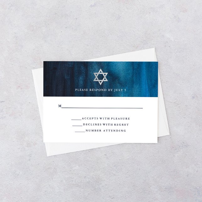 Dark Blue Watercolor Look Bar Mitzvah RSVP Card (Creator Uploaded)