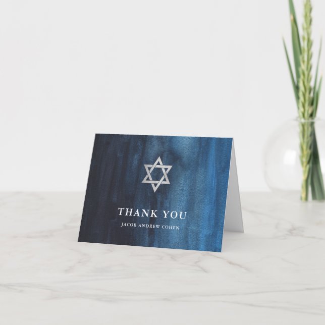 Dark Blue Watercolor Look Bar Mitzvah Thank You (Front)