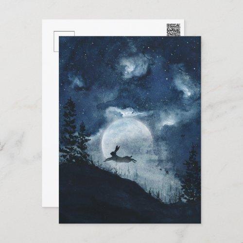 Dark blue watercolor night sky hare full moon hill postcard