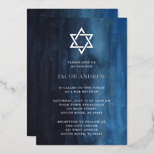 Dark Blue Watercolor with Silver  Bar Mitzvah Foil Invitation