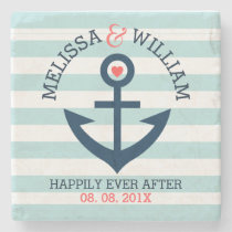 Dark Blue Wedding Nautical Anchor Mint Stripes Stone Coaster