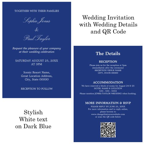 Dark Blue Wedding QR Code RSVP Invitation