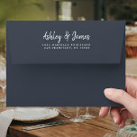 Dark Blue Wedding Return Address  Envelope<br><div class="desc">Chic, modern and simple wedding return address envelope with your names in white elegant handwritten script calligraphy on a dark blue background. Simply add your names and address. Exclusively designed for you by Happy Dolphin Studio. This beautiful wedding envelope is part of the 'dusty pink floral' wedding collection in our...</div>