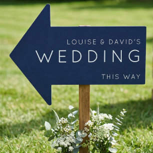 Dark Blue wedding this way arrow minimal Yard Sign