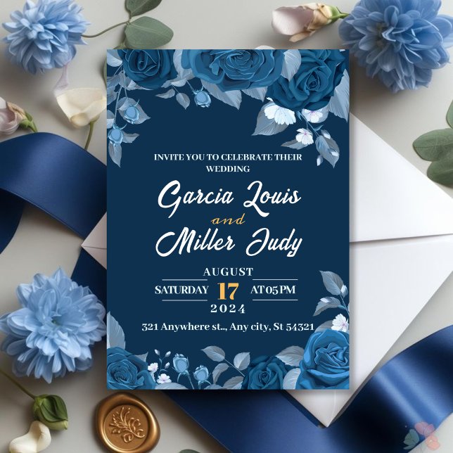 Dark blue wedding with elegant blue roses invitation (Creator Uploaded)