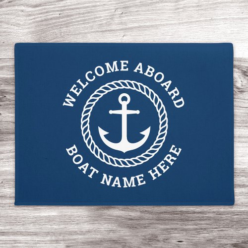 Dark blue welcome aboard custom boat name doormat