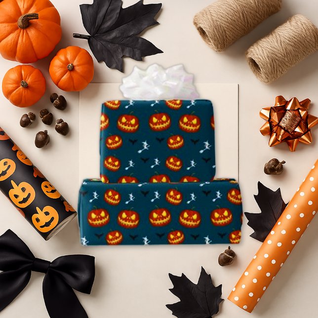 Dark Blue Whimsical Pumpkin Bat Halloween Wrapping Paper (Creator Uploaded)