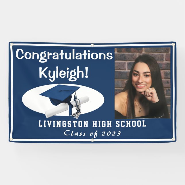 Dark Blue, White Accent Vinyl Graduation Photo Banner (Horizontal)